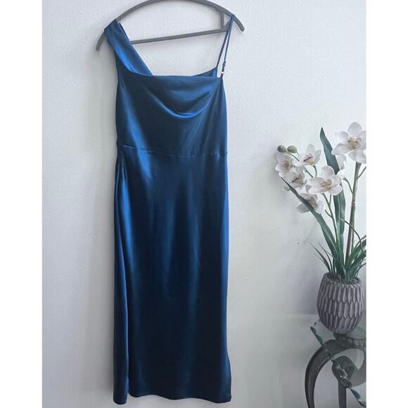 LUSH Women's Satin Midnight Blue Slip Midi Dress Side Slit Wedding Guest Size S - Picture 2 of 8